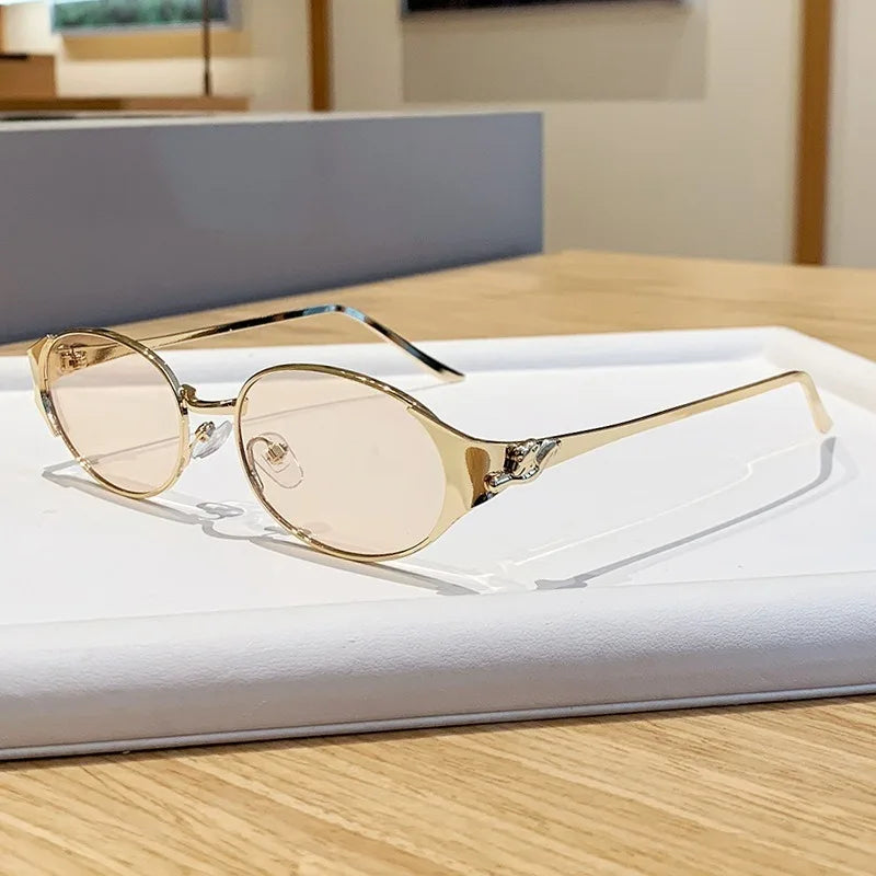 Women Metal Frame Oval Shades Fashion Designer Sunglasses Glasses