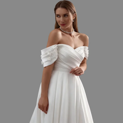 Princess Off The Shoulder A-Line Satin Pleats Lace Appliques Ball Gown Bridal Wedding Dress