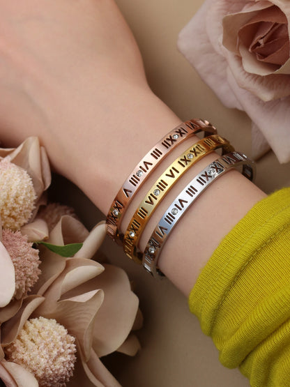 Stainless Steel 18K gold plated Roman Numeral Bracelet Bangles Ring 2-in-1 Jewelry
