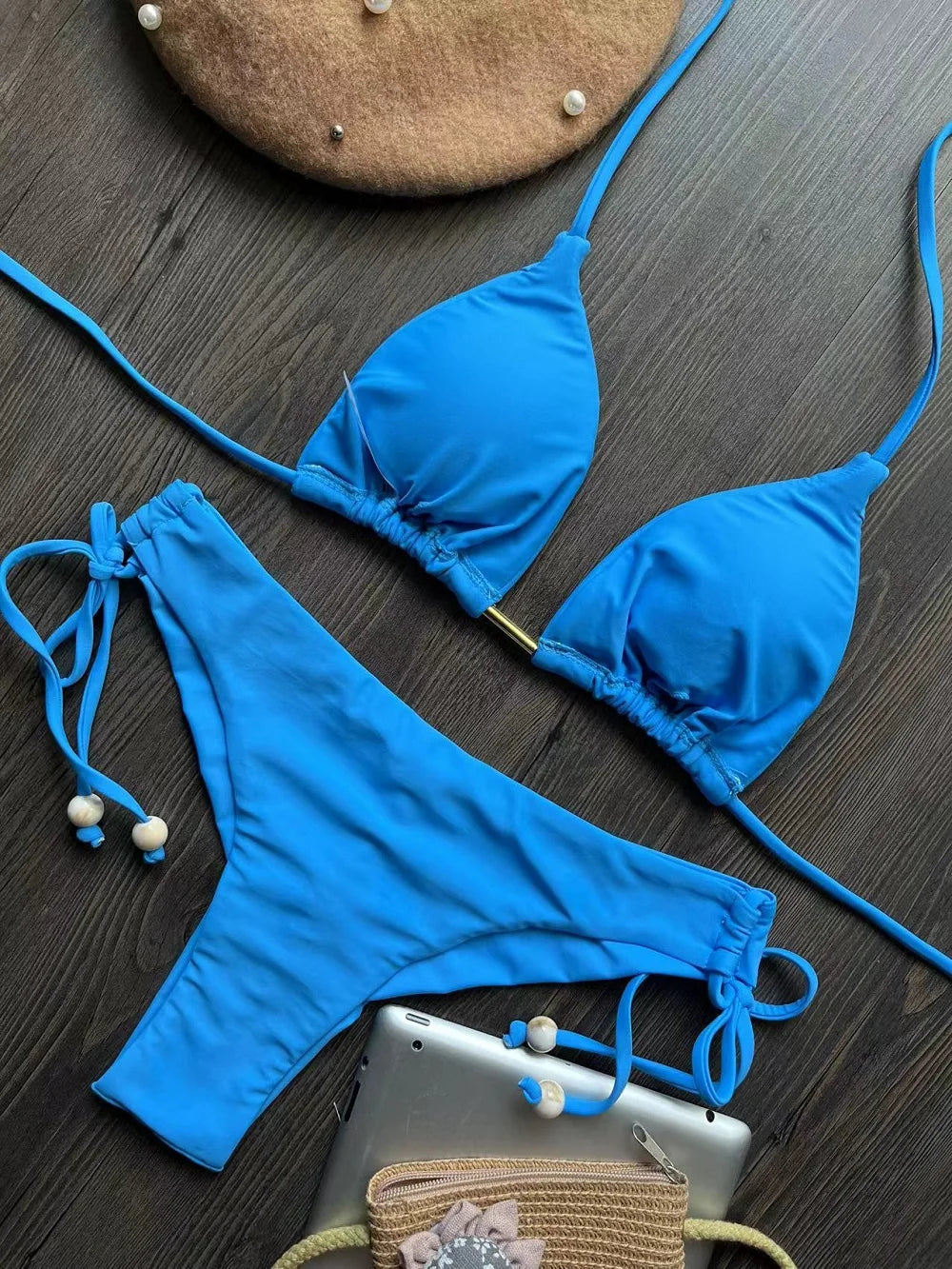 Solid Color Bikini Swimsuit Hanging Neck Rope Split Swimsuit 2-piece Beachwear Suit