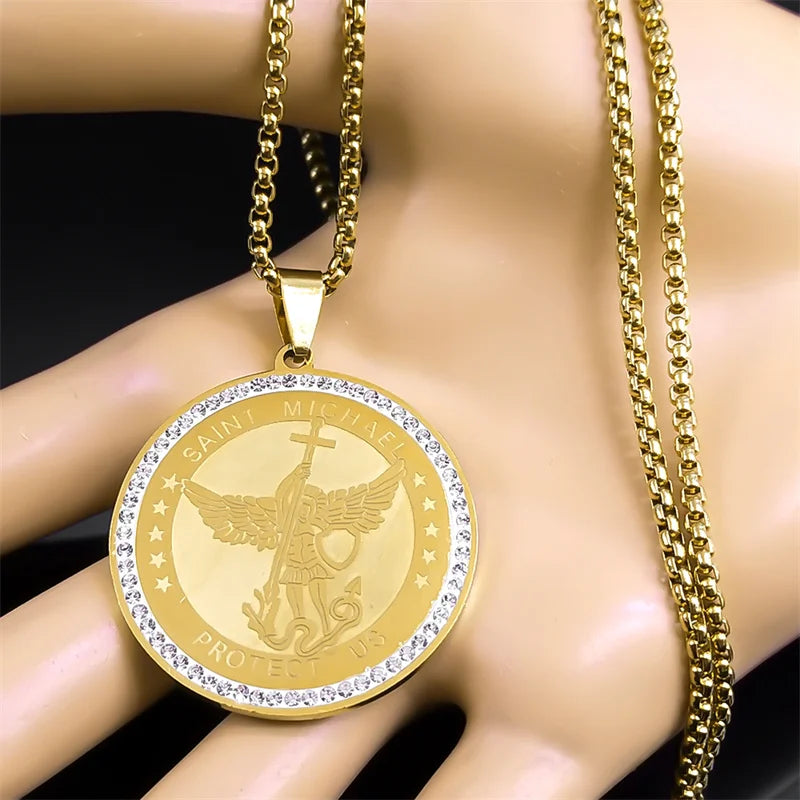 Women Men Stainless Steel Gold Color Knight Saint Michael Archangel Medallion Necklace