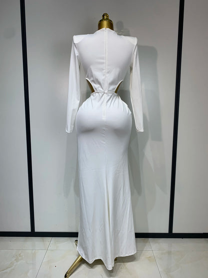 Sexy Long Sleeve V Neck Hollow Out Bodycon Cross Pleated High Split Maxi Club Party Evening Dress