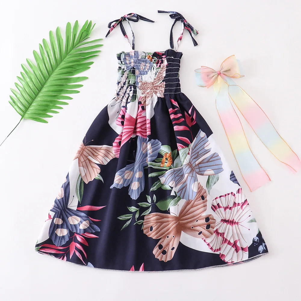 Kids Girls Floral Sling Ruffles Bohemian Beach Princess Birthday Party Dress w/ Necklace