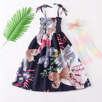 Kids Girls Floral Sling Ruffles Bohemian Beach Princess Birthday Party Dress w/ Necklace