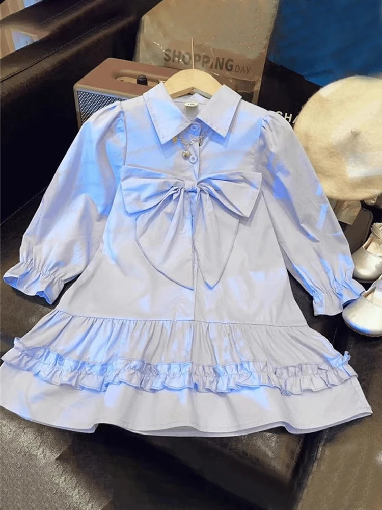 Girls Plain Kids Lapel Bow Long Sleeved Princess Birthday Party Shirt Dress