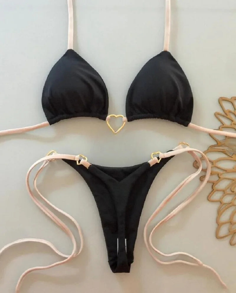 Solid Color Bikini Low Waist Lace-up Fashionable Swimsuit Two-piece Suit