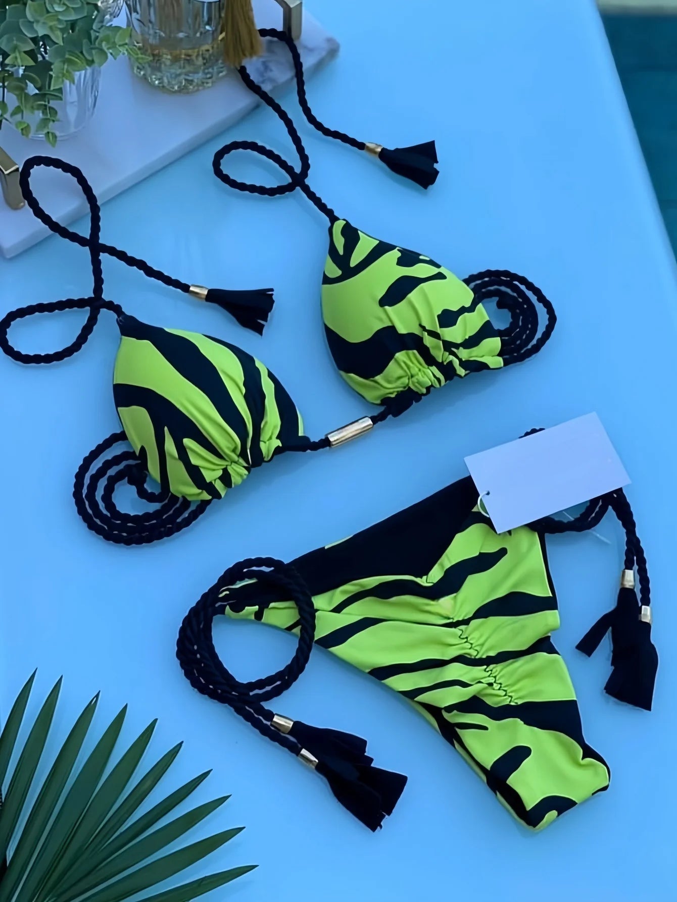 Sexy Leopard Print Women's Split Bikini Woven Rope Strap Fringe Two-Piece Swimsuit Bathing Suit