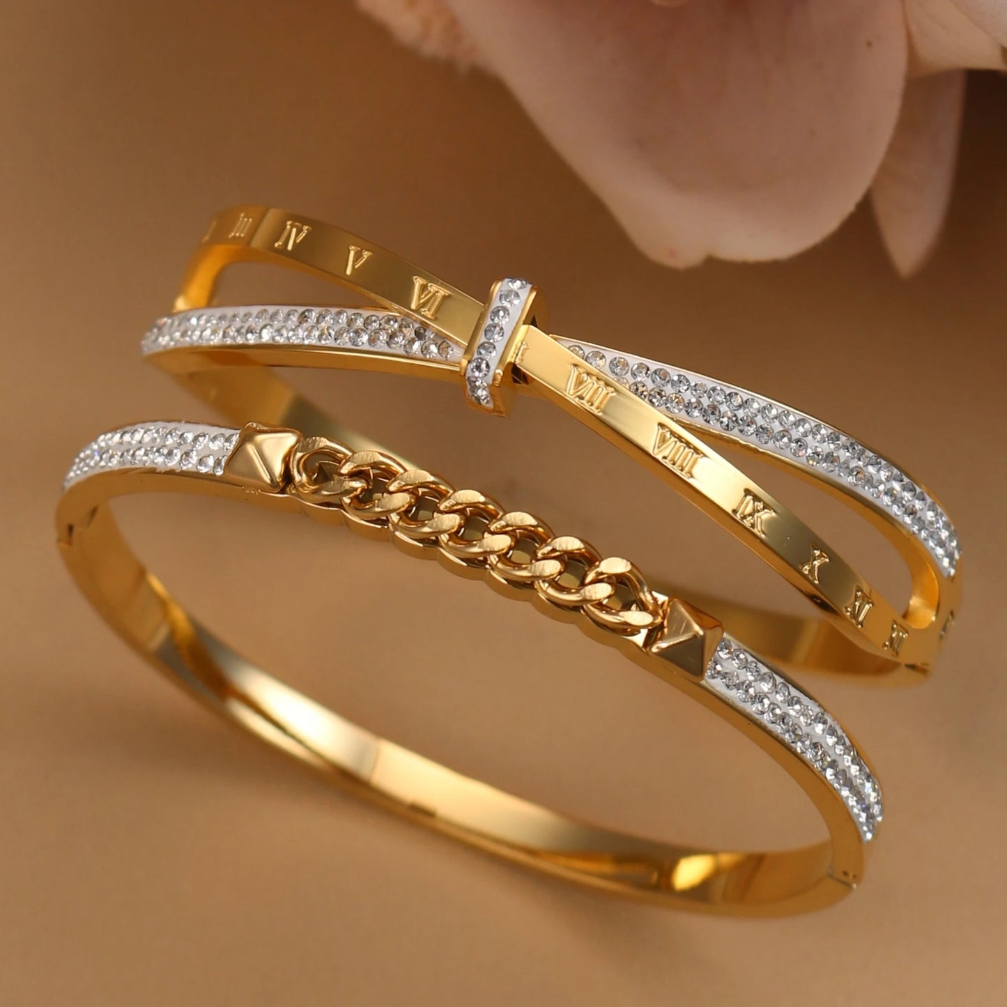 Love Charm 18k Gold Stainless Steel Crystal Cross Roman Numerals Bangle Bracelet