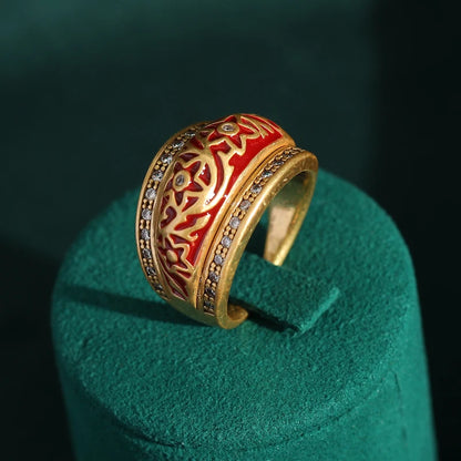 18k gold plating Red Enamel Inlaid Rhinestones Vintage Women Luxury Antique Star Carving Pattern Ring