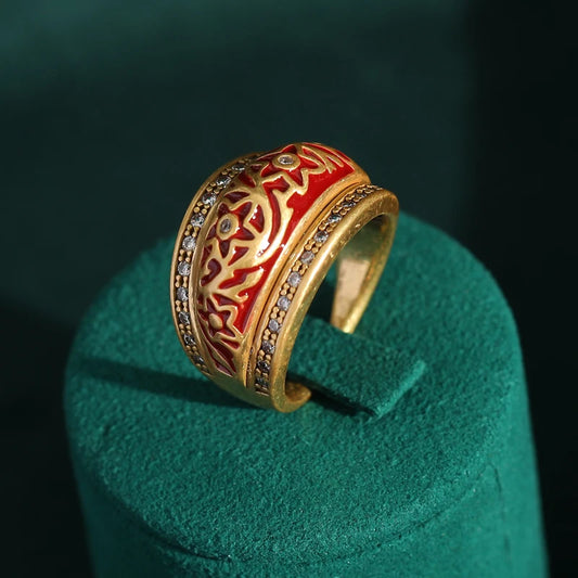 18k gold plating Red Enamel Inlaid Rhinestones Vintage Women Luxury Antique Star Carving Pattern Ring