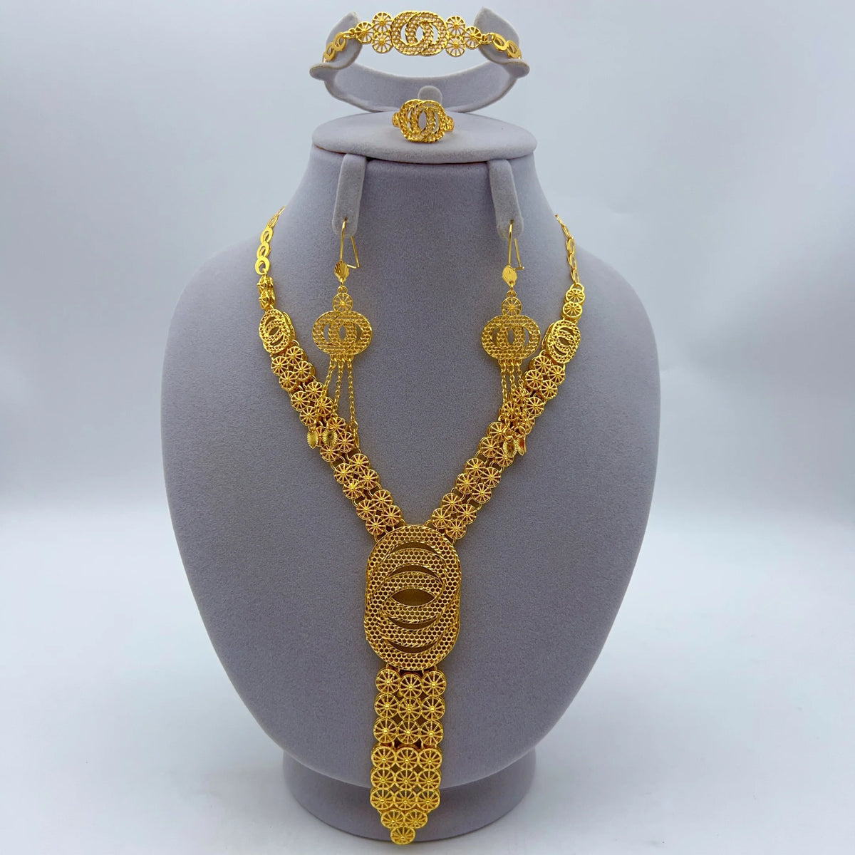 24K Gold Plated Women Wedding Dubai African Indian Brazilian Pendant Necklace Earrings