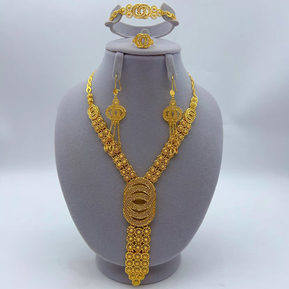 24K Gold Plated Women Wedding Dubai African Indian Brazilian Pendant Necklace Earrings