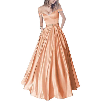 Women Off The Shoulder Beaded Satin V Neck Corset A Line Long Formal Prom Evening Party Gown Dress w/Pocket