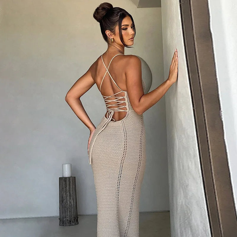 Women Hollow Out Backless Knit Spaghetti Strap Bandage Sleeveless Bodycon Party Long Dress