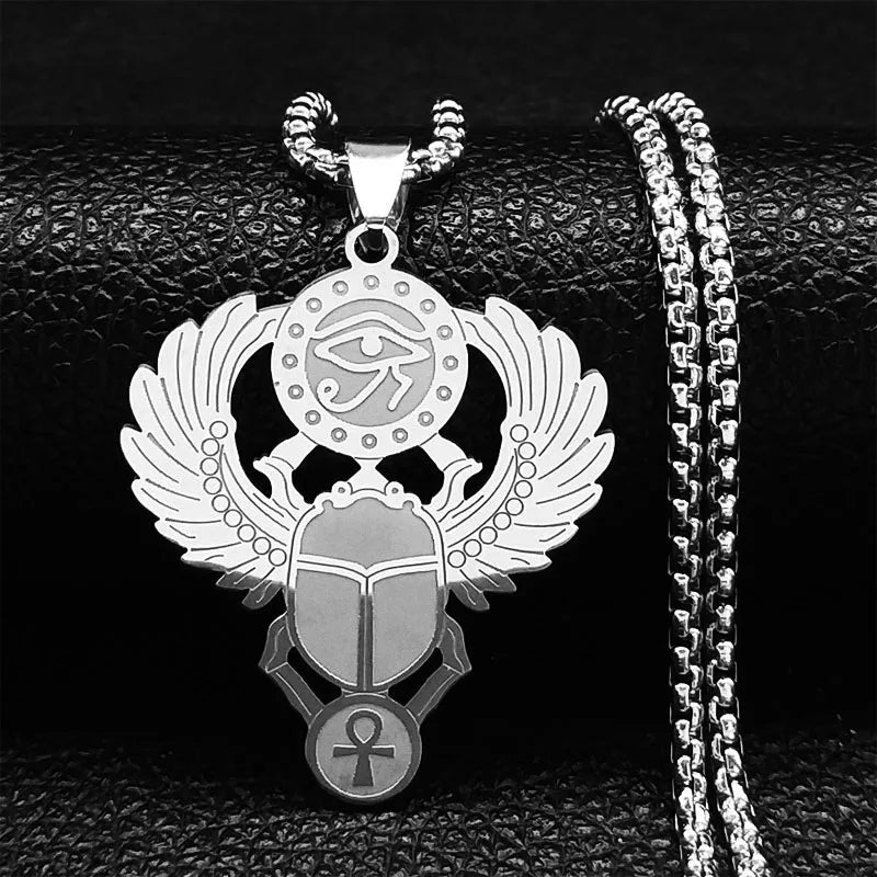 Key Of Life Egyptian Scarab Eye of Ra Horus Symbol Stainless Steel Gold Color Pendant Necklace