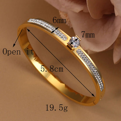 Women Beautiful Stainless Steel 18k Gold Color Bangle Crystal Design Charm Bracelet