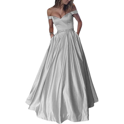 Women Off The Shoulder Beaded Satin V Neck Corset A Line Long Formal Prom Evening Party Gown Dress w/Pocket