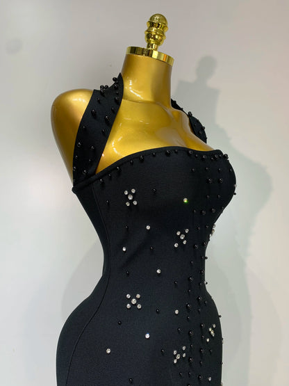 Sexy Sparkly Rhinestone Pearl Halter Backless Bandage Long Birthday Evening Party Dress