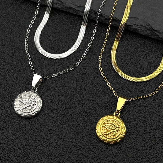Women Men Gold Color Eye of Ra Horus Symbol Stainless Steel Egyptian Eyes Hieroglyph Chain Pendant Necklace