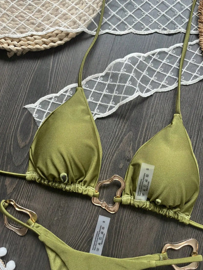 Women Bikini Solid Color Lace-up Split Two-piece Swimsuit Swimwear Suit