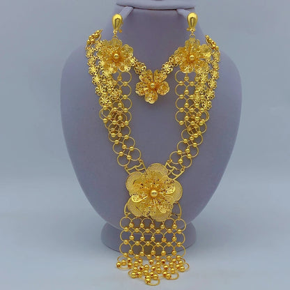 Italian Long Flower Women Bridal Indian Dubai Gold Color Necklace Earrings Sets