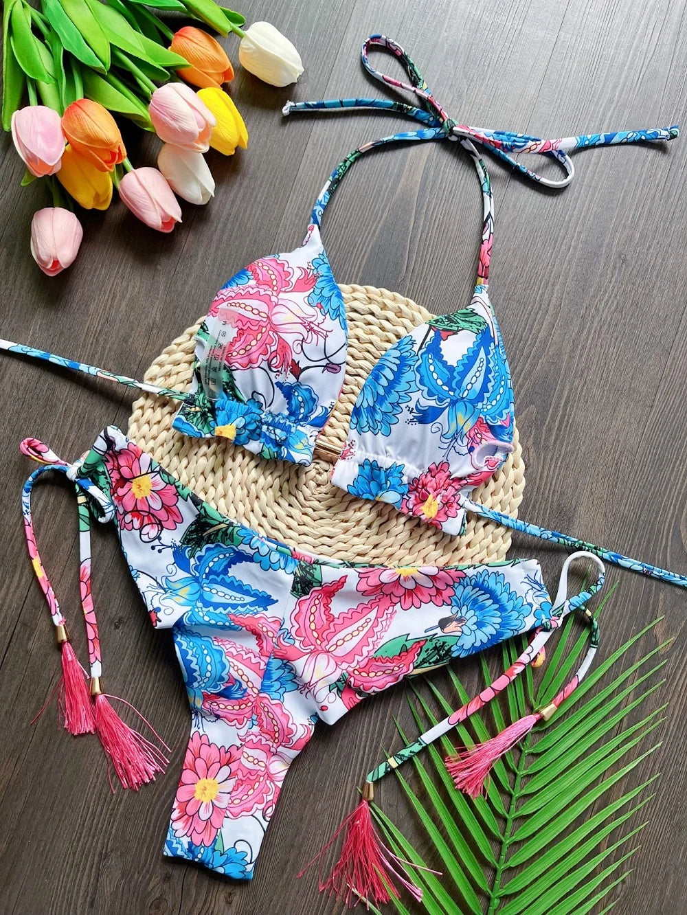 Sexy print bikini swimsuit split straps tassels 2-piece summer beach swimsuit Suit