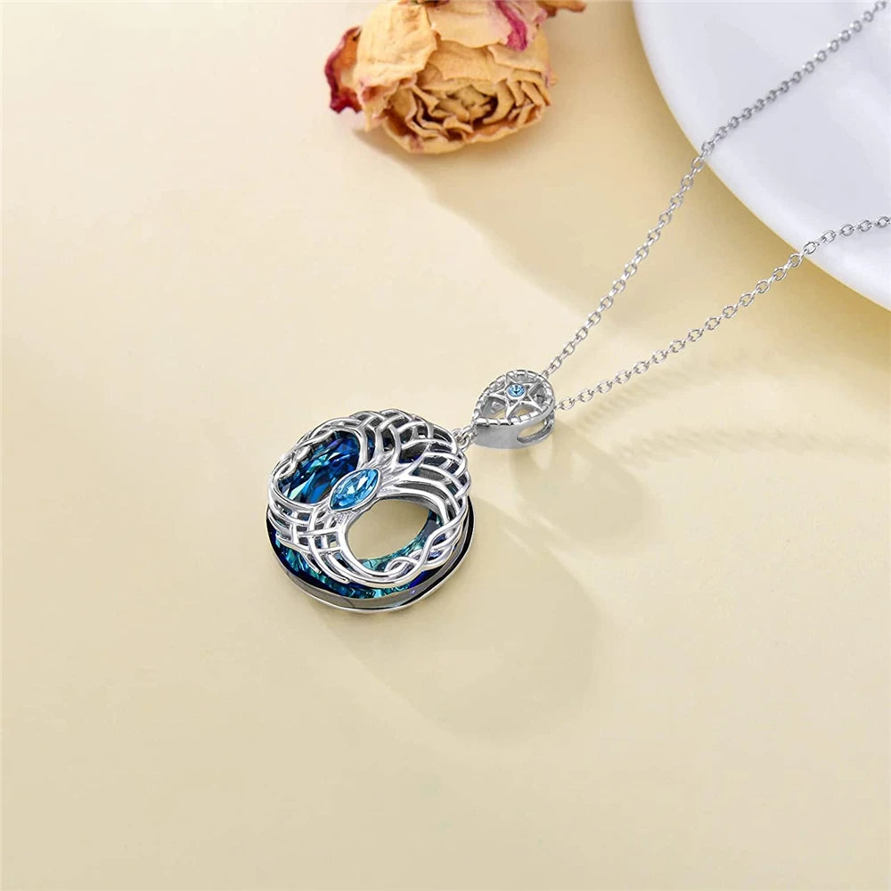 Women Luxury Sparkling Zircon Round Blue Crystal Tree of Life Pendant Necklace