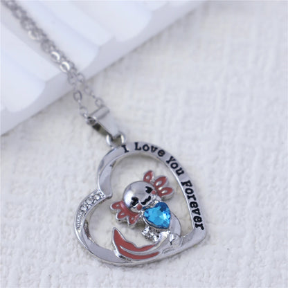 Women Fashion Cute Blue Crystal Axolotl Heart Necklace Gifts