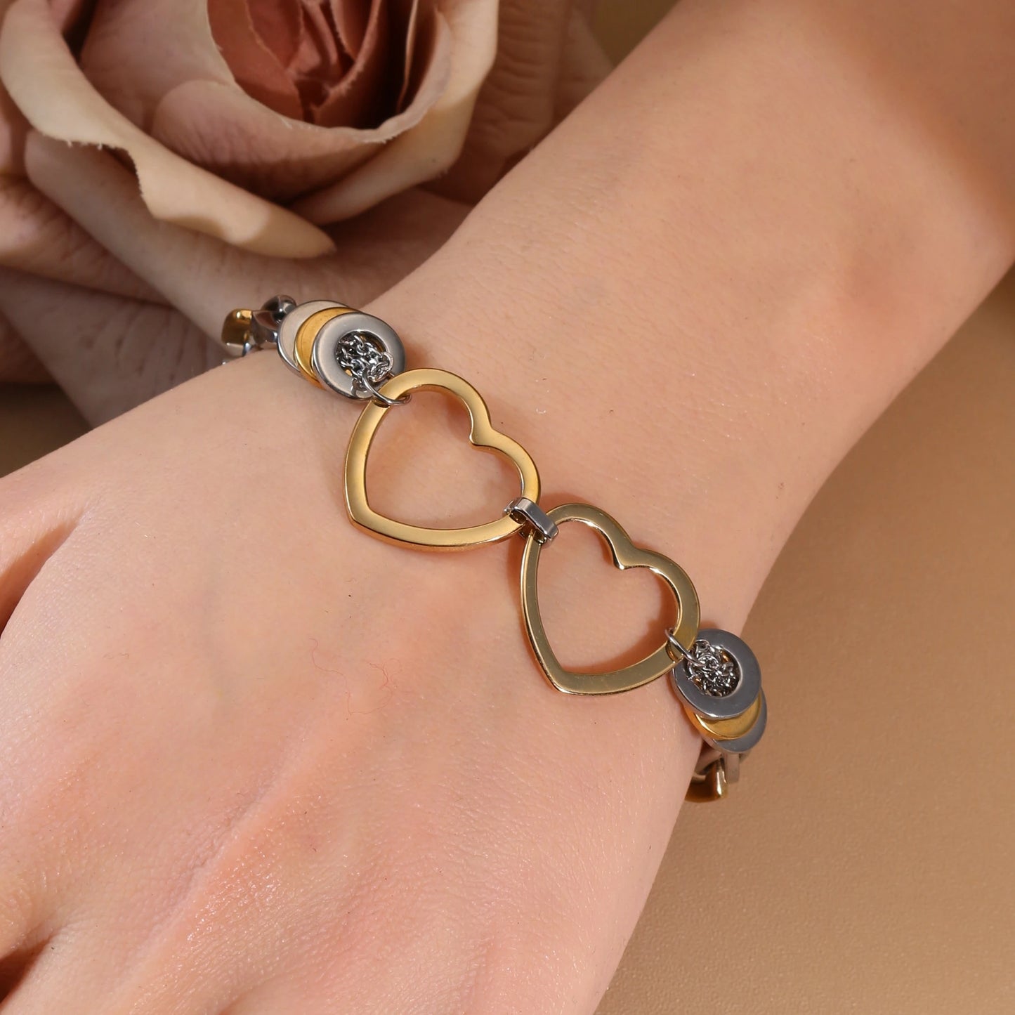 Women Fashionable Double Heart Stainless Steel Pearl Adjustable Bracelet Bangle