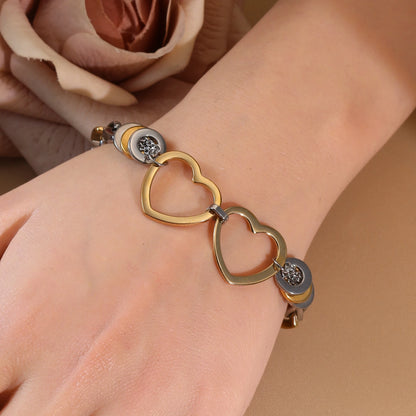 Women Fashionable Double Heart Stainless Steel Pearl Adjustable Bracelet Bangle