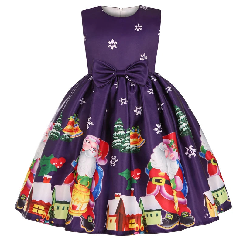 3-10Y Kids Girls Cartoon Santa Claus Snowman Christmas Tree Print Princess Party Costume Dress