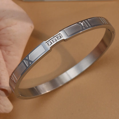 Women Zircon Roman Numeral Stainless Steel Plated 18K Gold Bracelet