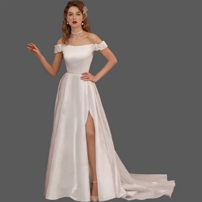 Elegant White Long Off The Shoulder Satin A-line Slit Bridal Gown Lace Up Wedding Dress