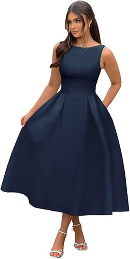 Simple Elegant O-Neck Satin Midi Prom Tea Length Backless A Line Formal Evening Party Bridal Dress w/ Pockets