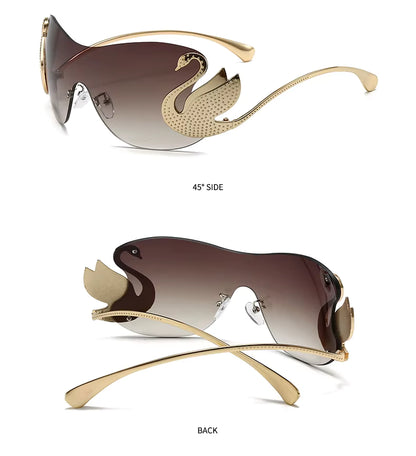 Y2k Women Fashion Swan Inlay Gradient Lens Shades Oversized Rimless Sunglasses Glasses