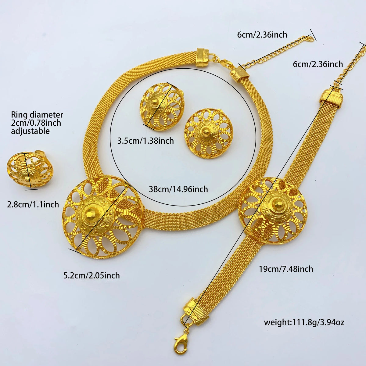 African Indian Bridal Women 24k Gold Color Dubai Ethiopian Necklace Earrings Jewelry Sets
