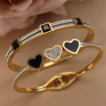 Stainless Steel Double Row Crystals Heart-Shaped Designs Open Clasp Charm Bangle Bracelet
