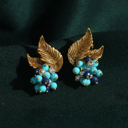 Women Gothic Vintage Designer Natural Blue Stone Stud Earrings