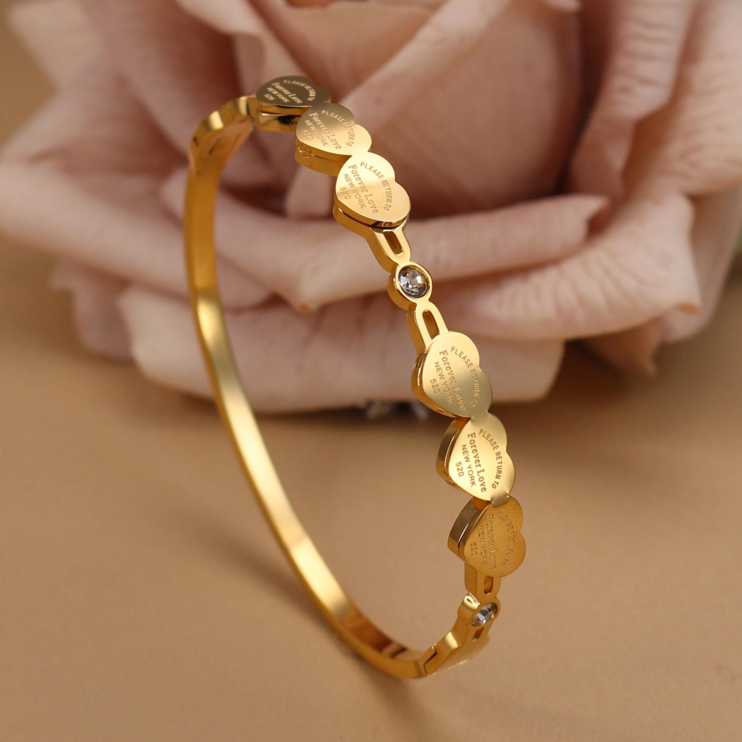 Delicate Stainless Steel Gold Color Peach Heart Crystal Design Charm Bangle Bracelet