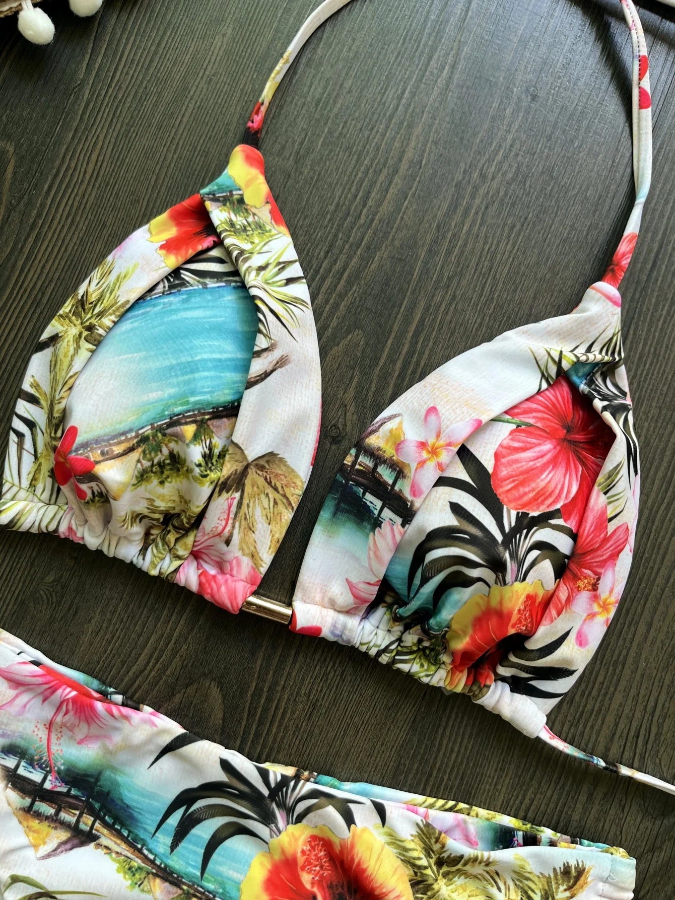 Women's Swimsuit Two-piece Triangle Halter Botany Print Bikini Swimwear Bathing Brazilian Suit