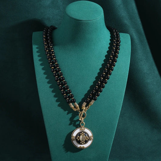 Vintage Black Natural Stone Bead Double Layered Chain Round White Pendant Antique Necklace