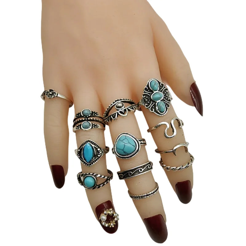 23pcs/Lot Bohemia Vintage Silver Plate Evil Eye Mix Style Finger Rings