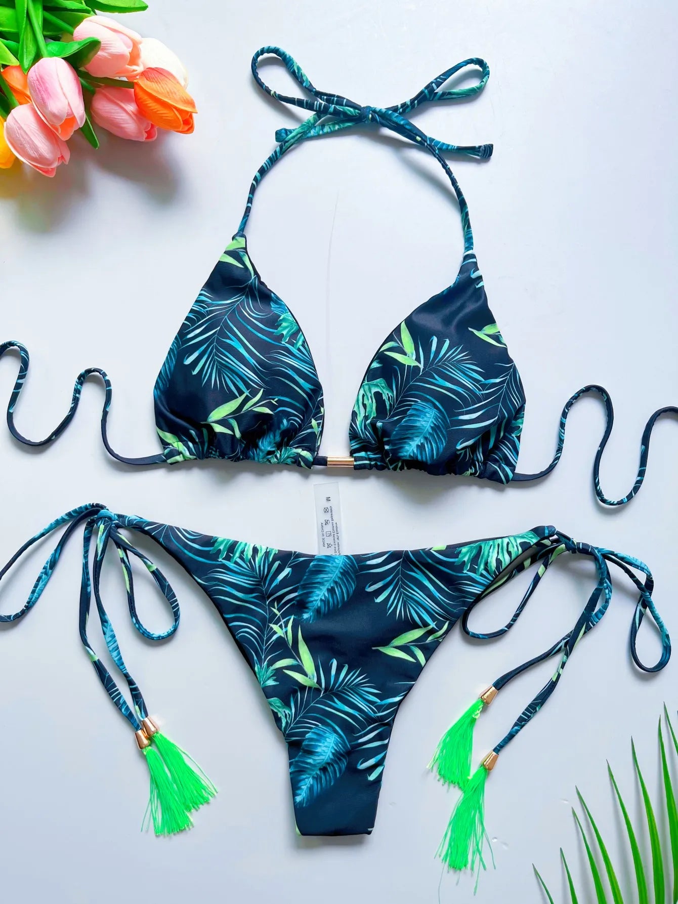 Sexy Irregular Print Bandage Bikini Swimsuit Triangle Halter Swimwear Bathing Suit Brazilian