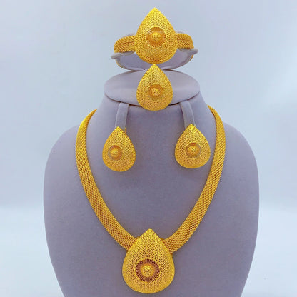 African Indian 24K Gold Plated Women Dubai Wedding Necklace Earrings Bracelets Ring Jewelry Sets