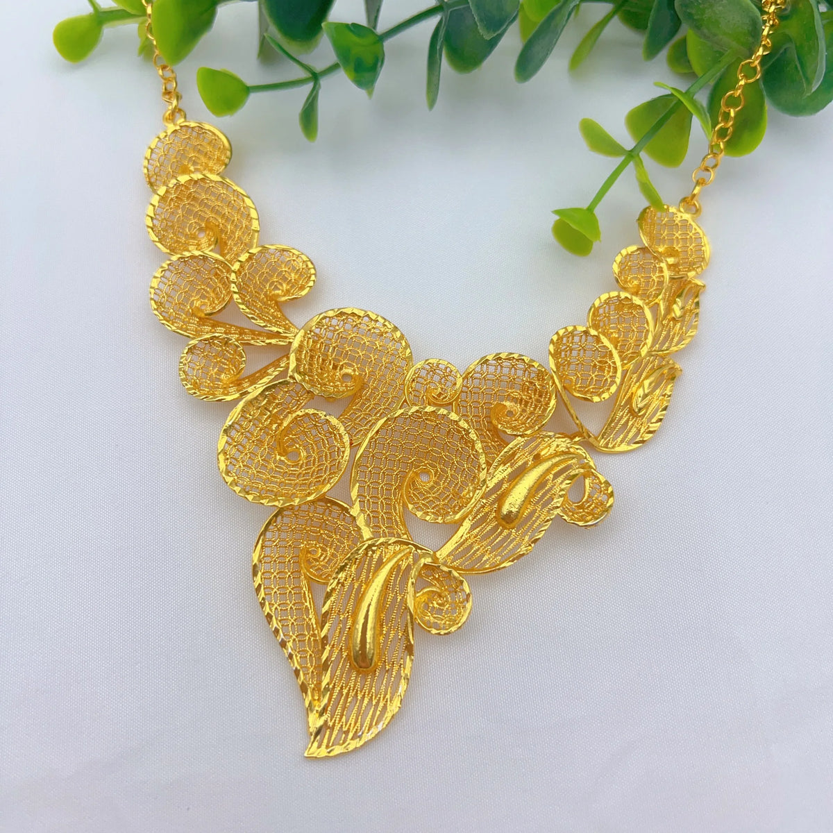 Indian 24K Gold Plated Big Floral Women African Dubai Bridal Wedding Necklace Earrings Jewelry Set