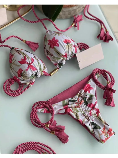 Women Low Waist Two Pieces Botanical-Print Braided Rope Bikini Swimsuit Beachwear Bathing Swimwear