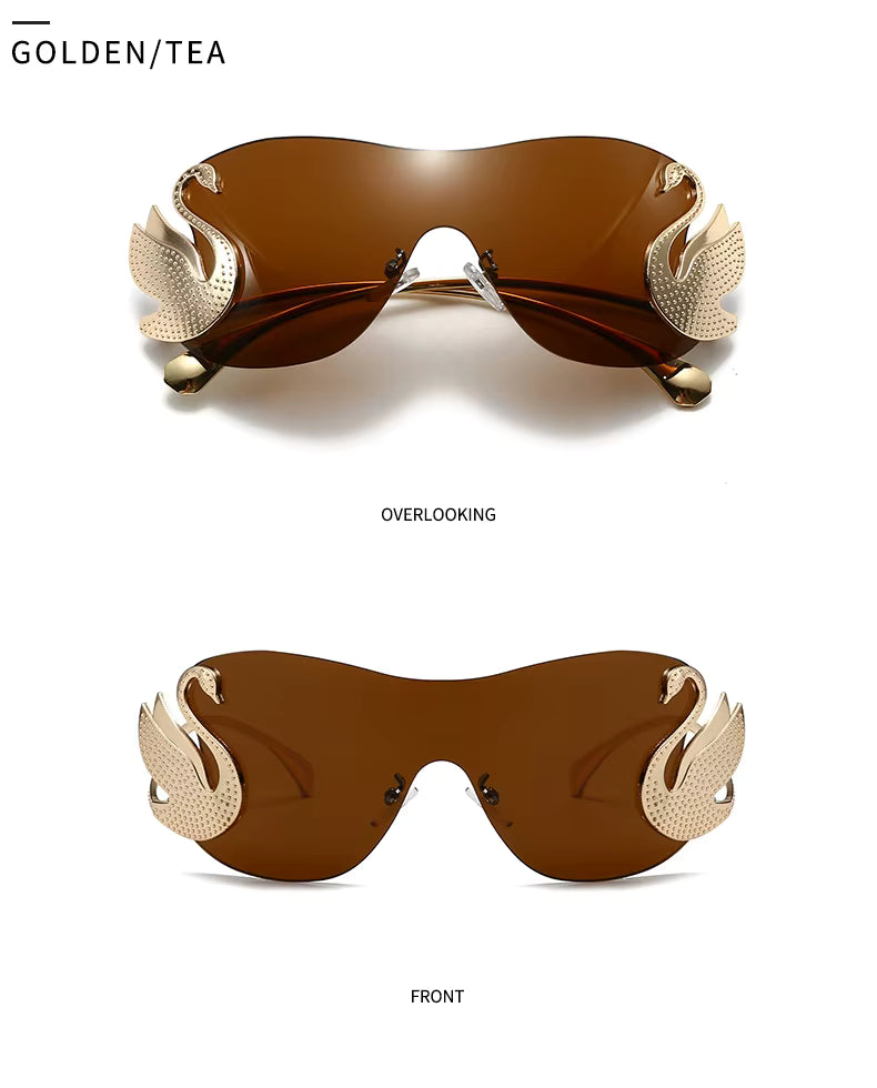 Y2k Women Fashion Swan Inlay Gradient Lens Shades Oversized Rimless Sunglasses Glasses