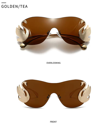 Y2k Women Fashion Swan Inlay Gradient Lens Shades Oversized Rimless Sunglasses Glasses