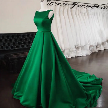 Women's Scoop Neck Sweep Train Prom Backless A-line Satin Long Formal Evening Party Dress w/ Pockets