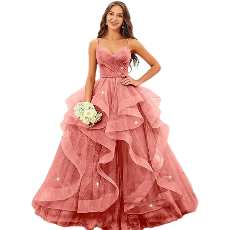 Sparkly Tulle Long Prom Spaghetti Straps Ball Glitter Tulle A-line Formal Evening Party Gown Dress